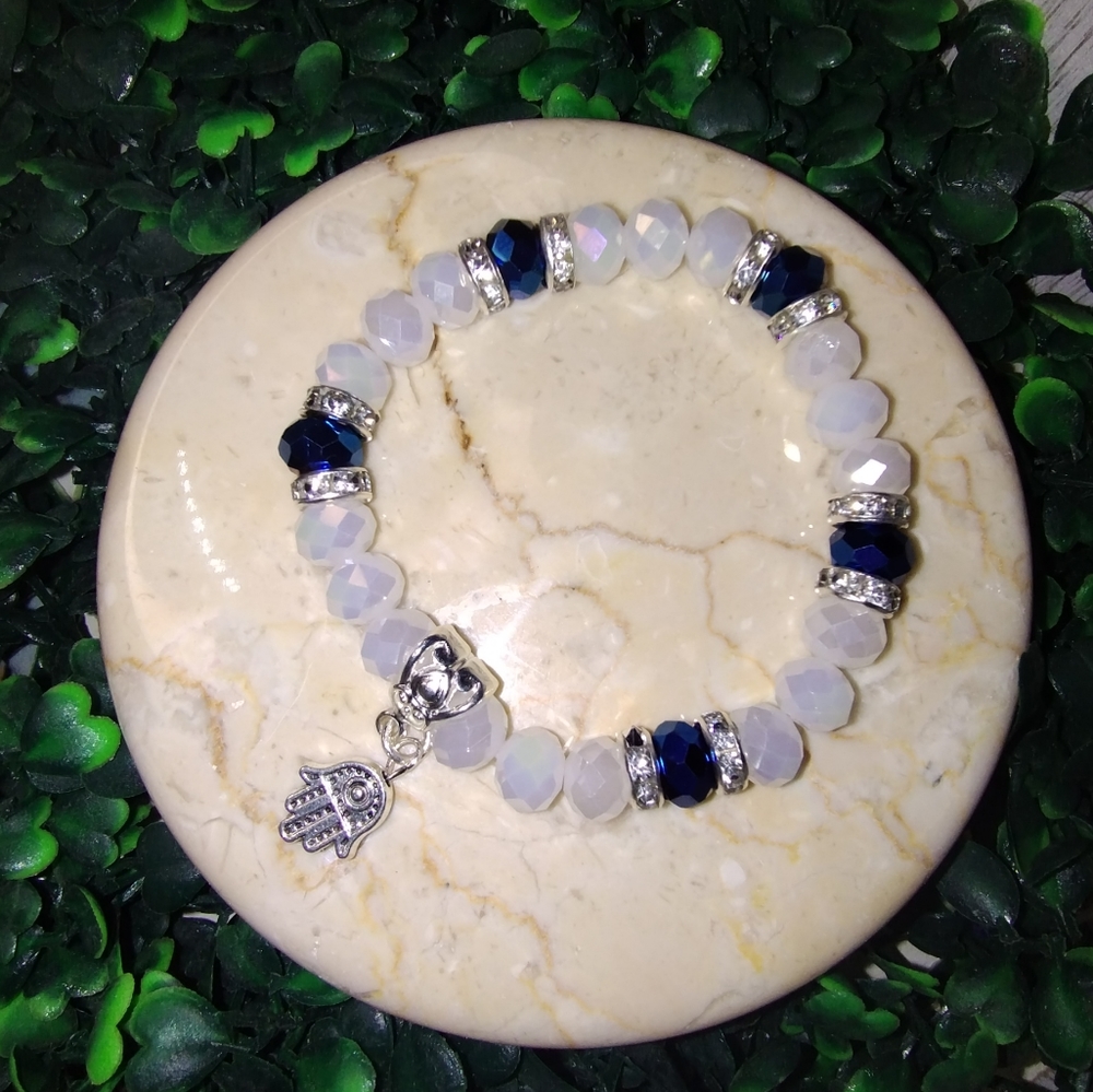 Blue and white hand of God beaded bracelet